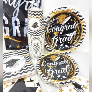 Grad Party Black & Gold Graduation Party Plates Cups‎ Napkins Tablecloth Hangers